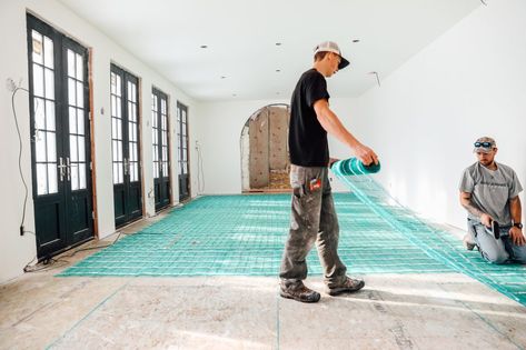 Laying Heated Flooring Under Tile - Chris Loves Julia Harlequin Tile, Heated Flooring, Renovation Plan, Dining Room Floor, Front Walkway, Sources Of Heat, Snow Melting, Chris Loves Julia, Floor Heating