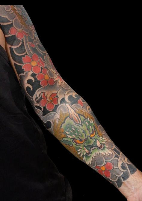 Oni & Cherry Blossom — Ian Hilz - Japanese Tattoo Oni Legs Tattoo, Oni Calf Tattoo, Japanese Cherry Blossom Tattoo Men, Samurai Tattoo With Cherry Blossom, Oni Mask Cherry Blossom Tattoo, The Best Tattoos, Best Tattoos, Japan Tattoo Design, Irezumi Tattoos