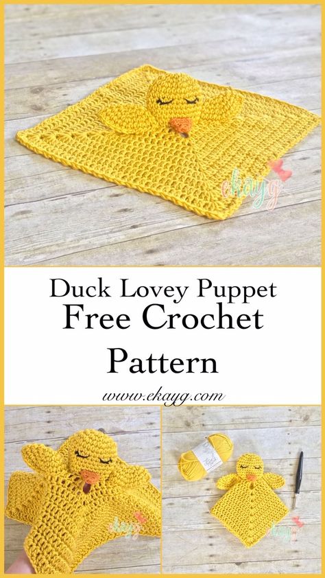 Duck Lovey, Crochet Lovey Free Pattern, Crochet Duck, Beau Crochet, Lovey Pattern, Crochet Lovey, Puppet Patterns, Lovey Blanket, Crochet Things