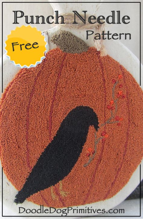 Free Pattern: Punch Needle Pumpkin and Crow - DoodleDog Designs Primitives Seasonal Crafts Diy, Free Primitive Patterns, Rug Hooking Patterns Free, Primitive Fall Decorating, Pattern Punch Needle, Punch Needle Pattern, Hook Punch, Primitive Rugs, Rug Hooking Patterns