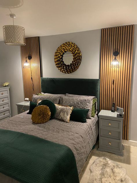 Slatted Panelling Bedroom, Acoustic Panel Bedroom, Acoustic Panels Bedroom, Slat Wall Bedroom, Wood Panel Bedroom, Slat Wall Paneling, Acoustic Slat Wall, Wood Walls Bedroom, Dark Wood Bedroom