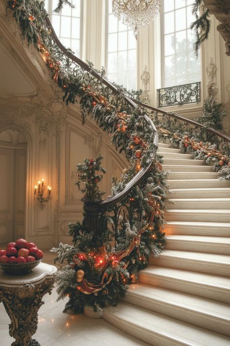 Transform your home with this stunning Christmas decor! This majestic staircase, adorned with twinkling lights and lush garlands, brings elegance to any living space. Perfect for adding a touch of holiday magic. #ChristmasHomeDecor #HolidayStyle #FestiveLiving Castle Christmas Decor, Chateau Christmas Decor, Christmas Staircase Garland Ideas, Extravagant Christmas Decor, Christmas Penthouse, Christmas Staircases, Old Money Christmas, Ornament Arch, Christmas Garland Staircase