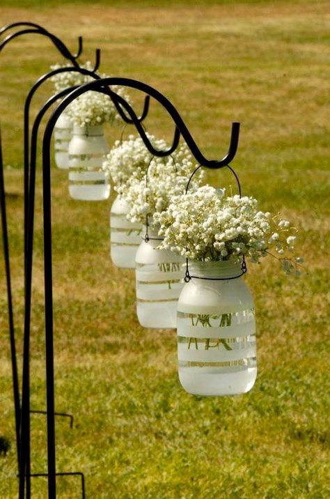 Lanterns On Shepherds Hooks Wedding, Hanging Mason Jars Wedding Aisle Decorations, Wedding Solar Lights, Glass Jug Wedding Decor, Hanging Mason Jars Wedding, Jar Lights Wedding, Wedding Aisle Decorations Outdoor, Lanterns With Flowers, Hanging Mason Jar Lights