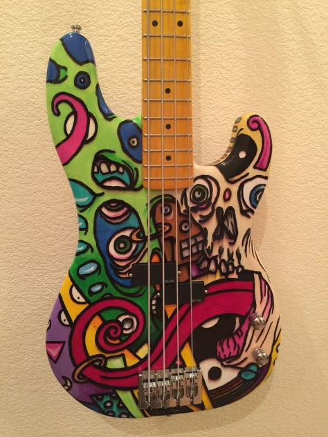 MikeHonz's custom P-Bass. Original art by Andrew Jensen. Bass Guitar built by Mike Honsinger. Custom Painted Bass Guitar, Bass Guitar Custom Paint, Painted Bass Guitar, Bass Guitar Art, Custom Bass Guitar, Custom Bass, Bass Pro Shop, Guitar Diy, Stratocaster Guitar