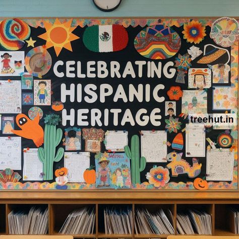 These Hispanic Heritage bulletin board ideas and activities will help elementary school students learn about and celebrate the rich and diverse Hispanic cultures as they start the new school year. Hispanic Heritage Month Classroom Door, Hispanic Heritage Activities, Hispanic Heritage Month Bulletin Board, Unique Bulletin Board Ideas, Music Classroom Bulletin Boards, Hispanic Heritage Month Crafts, Colorful Bulletin Boards, Heritage School, Valentines Day Bulletin Board