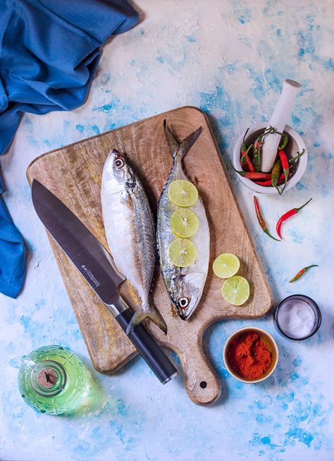 Fishes and Kamikoto... #ingredients #flatlay #knife #photography #foodstyling #foodphotography #fish Fish Product Photography, Ingredients Flatlay, Fresh Fish Photography, Authentic Kitchen, Fish Food Photography, Roasted Fish, Fish Photography, Knife Photography, Fish Meal