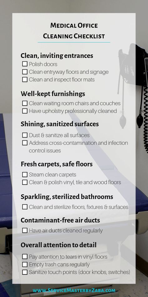 The Complete Medical Office Cleaning Checklist Office Cleaning Schedule, Medical Office Work Flow, Medical Office Manager Tips, Medication Checklist, Office Cleaning Checklist Free Printable, Office Cleaning Price List, Office Cleaning Checklist, Janitorial Office Cleaning Checklist, Cleaning Client Information Sheet