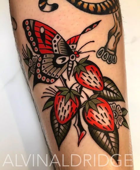 Neo-Traditional Strawberry Tattoo Strawberry Tattoo Ideas, Strawberry Tattoos, Moth Tattoos, Traditional Tattoo Woman, Tattoo Flash Ideas, Tattoo Mom, Strawberry Tattoo, Neo Tattoo, Fruit Tattoo