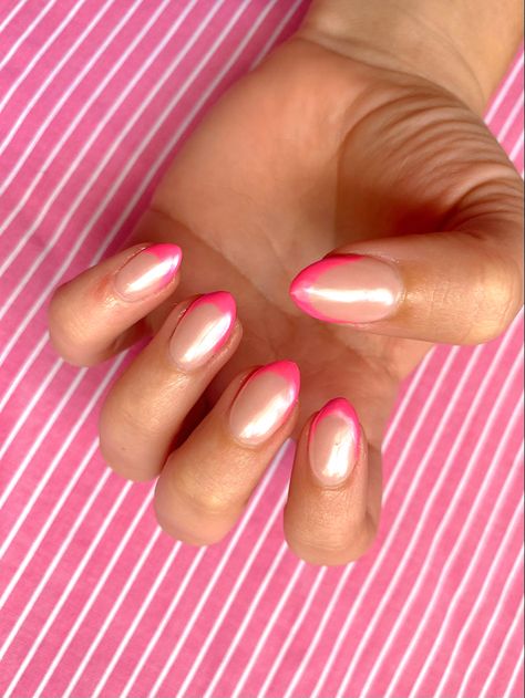 Chrome Nails With Pink Tips, Hot Pink French Tip Chrome Nails, Hot Pink With Chrome, Pink Tips Chrome, Chrome Hot Pink French Tip Nails, Pink Tip Chrome Nails, Pink French Tip Nails With Chrome, Pink Crome French Tip, Hot Pink Chrome Nails French Tip