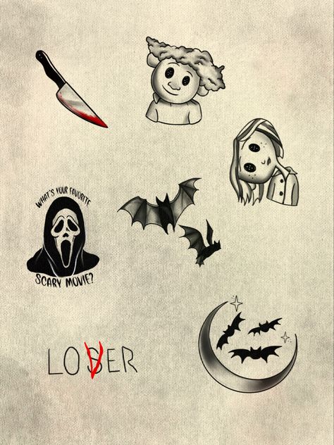 Movie Lover Tattoo, Creepypasta Tattoos, Scream Tattoo Small, Small Horror Movie Tattoos, Coraline Flash Tattoo, Coraline Flash, Flash Tattoo Ideas, Coraline Wybie, Scream Tattoo