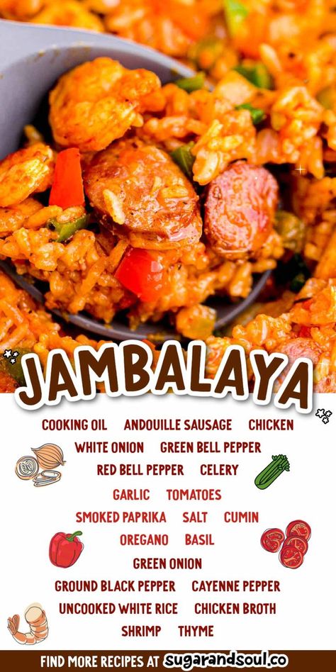 One Pot Jambalaya is a Cajun rice dish that's packed with flavorful herbs and spices and loaded with tender chicken, shrimp, and sausage! Chicken And Rice Jambalaya, One Pot Jumbalia, Jambalaya Recipe No Shrimp, Jambalaya Recipe Chicken And Sausage, Jambalaya Rice Recipe, One Pot Jambalaya, Shrimp Jambalaya Recipe, Chicken Jambalaya Recipe, Cajun Comfort Food