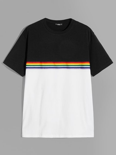 Striped Tshirt Men, Shein Men, Rainbow Outfit, Color Block Top, Summer Fashion Outfits, Striped Fabrics, Rainbow Stripes, Casual Blouse, Pop Fashion