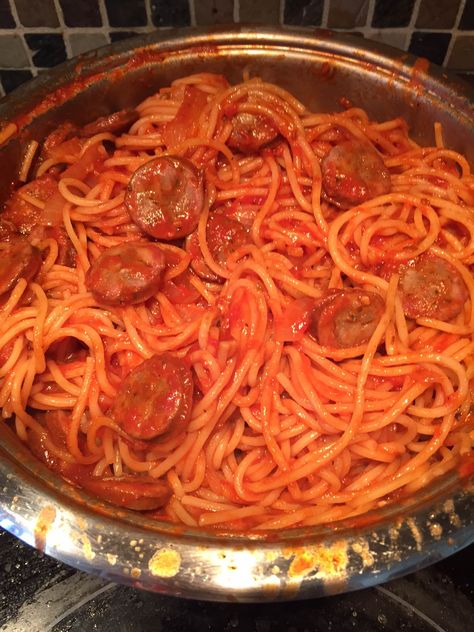 Spaghetti Sausage Recipes, Spaghetti And Sausage Recipe, Smoked Sausage Spaghetti, Sausage Recipes Crockpot, Homemade Kielbasa, How To Grill Asparagus, Crockpot Kielbasa, Spaghetti With Sausage, Kielbasa Sausage Recipes