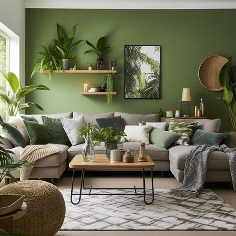 Living Room Ideas Gray Sofa, Sage Green Living Room Grey Sofa, Grey Couch Green Walls Living Room, Green And White Aesthetic Living Room, Sage And Forest Green Living Room, Gret Sofa, Sage Green Living Room Brown Sofa, One Green Wall Living Room, Green Wall Boho Living Room