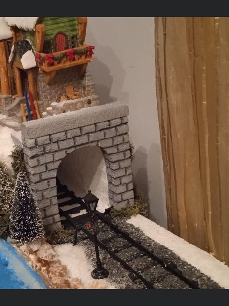 Christmas Village Train Tunnel Diy, Diy Christmas Village Accessories, Mountain Display, Lemax Christmas Village Display, Christmas Tree Village Display, Diy Christmas Village Displays, Mini Village, Christmas Tree Train, Christmas Tree Village