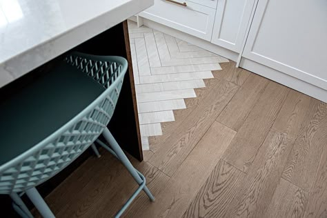 Tile to Wood Floor Transition Ideas - 11 Clever Ways to | Atlas Ceramics Herringbone Tile Transition, Kitchen To Living Room Floor Transition, Brass Tile Trim, Wood Floor Transition Ideas, Hay Kitchen, Tile To Wood Floor Transition, Floor Transition Ideas, Wood Floor Transition, Tile To Wood Transition