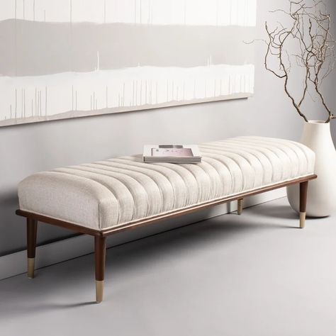 SafaviehCouture Flannery Upholstered Bench & Reviews | Wayfair Mid Century Bench, Wood Storage Bench, Tufted Bench, Upholstered Storage Bench, Bed Bench, Bench With Shoe Storage, Upholstered Storage, Linen Upholstery, Upholstered Bench