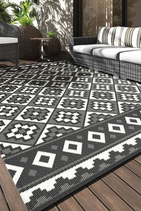 Outdoor Rug Waterproof 5x8 ft Outdoor Carpet Patio Rug Indoor Outdoor Area Rug for RV Camping Picnic Reversible Lightweight Plastic Straw Outside Rug for Patio Decor Decoration Boho Rug Black White *click to purchase* Waterproof Outdoor Rugs, Deck Rug, Straw Rug, Deck Backyard, Boho Patio, Modern Boho Decor, Backyard Picnic, Balcony Deck, Backyard Camping