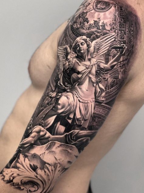 Twitter Demons Tattoo, Angel Sleeve Tattoo, Archangel Tattoo, Only Angel, Realistic Tattoo Sleeve, Statue Tattoo, Demon Tattoo, Angel Tattoo Designs, Religious Tattoos