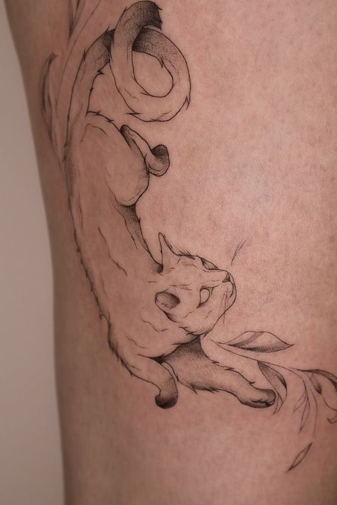 Cat Spirit Tattoo, Laying Cat Tattoo, Cat Cloud Tattoo, Edgy Cat Tattoo, Cat Dragon Tattoo, Elegant Cat Tattoo, Cat Stomach Tattoo, Cat Tattoo Back, Cat Tattoo Thigh