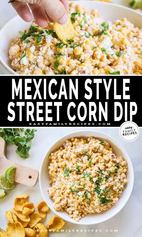 Want to wow your guests without breaking a sweat? Look no further than this easy Mexican Street Corn Dip! This recipe is a quick and easy appetizer built for a crowd, whether hosting a party or hanging with friends for game day. Elote corn dip is easy to make and oh-so-creamy, with the perfect blend of savory and sweet. Your guests will crave more of this delicious spin on traditional street corn! Street Corn Salad Dip, Mexican Street Corn Dip Cream Cheese, Mexican Street Corn Bites, Elote Street Corn Dip, Mexican Corn Dip Cold, Baked Elote Dip, Fresh Corn Dip, Elote Corn Recipe Dip, Mexican Street Corn Nachos