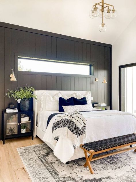 Scandinavian Modern Farmhouse Home Tour with The Little Bird - Black Vertical Shiplap Master Bedroom - MidCentury Modern Bedroom - Primary Bedroom Design Shiplap Bedroom, Simple Bedroom Design, Modern Farmhouse Bedroom, Modern Farmhouse Home, Christmas Decorations Bedroom, Farmhouse Interior, Small Room Bedroom, Simple Bedroom, Master Bedrooms Decor