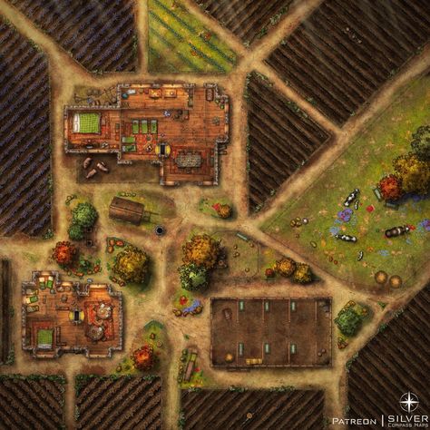 Farmstead [40x40] : DungeonMasters Farm Battlemap, Dnd Map Making, Ttrpg Map, Random Encounters, Council Chamber, Fantasy City Map, Building Map, Fantasy Town, Dungeon Master's Guide