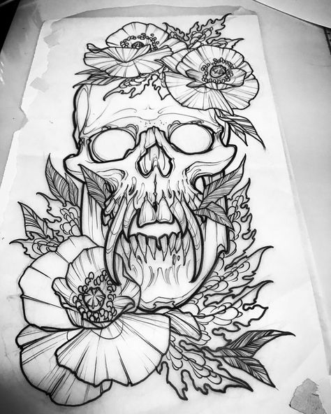 Vampire Tattoo Stencil, Vines And Skulls Tattoo, Skull Berry Tattoo, Vampire Skull Tattoo, Skull With Wildflowers Tattoo, Vampire Tattoo, Vampire Skull, Poppies Tattoo, Foot Tattoo