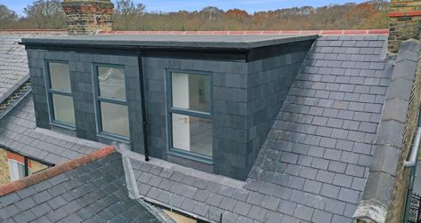 Attic Dormer Addition, Loft Conversion Windows, Loft Conversion Ideas Layout, Slate Roof House, Dormer Ideas, Bedroom Extension, Loft Dormer, Loft Exterior, Slate Cladding