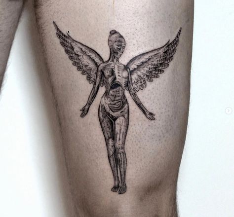 #nirvana #tattoo #inutero #nirvanatattoo Nirvana In Utero Tattoo, In Utero Angel, In Utero Tattoo, Utero Tattoo, Nirvana Angel, Nirvana Tattoo, Nirvana In Utero, Line Drawing Tattoos, In Utero