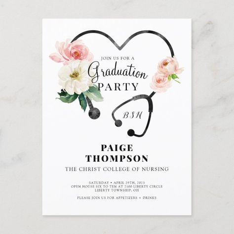 Create your own Postcard | Zazzle Floral Stethoscope, Doctor Party, Nurse Party, Invitation Graduation, Doctor Graduation, Nursing School Graduation, Nurse Graduation, Elegant Watercolor, Carton Invitation