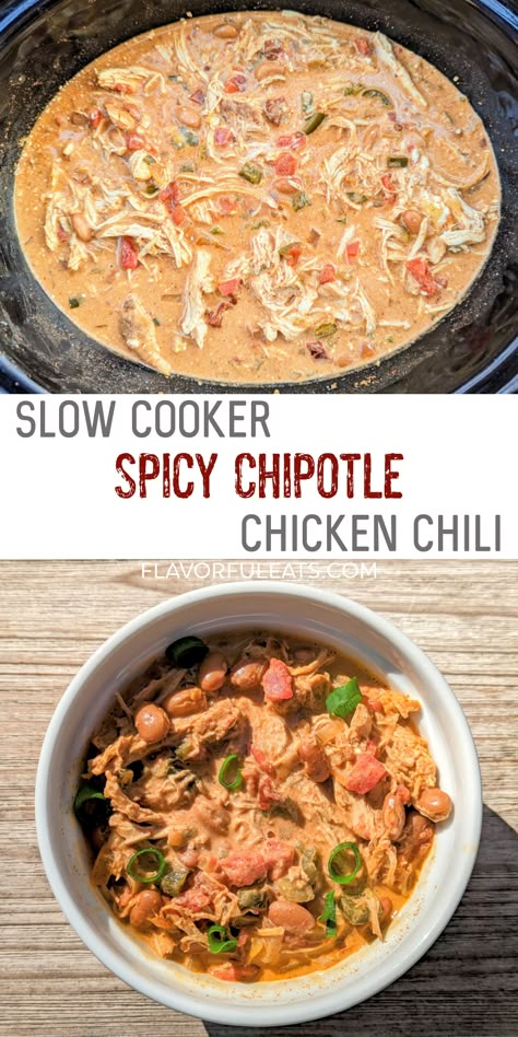 Slow Cooker Spicy Chipotle Chicken Chili – Loaded with chicken, fresh peppers, tomatoes, spices, beans, and the wonderful, smoky, spicy flavors from chipotle peppers in adobo sauce, this chicken chili is bursting with flavor! Just add your favorite toppings for a bowl of the ultimate comfort food! Chipotle Chicken Chili Pioneer Woman, Crockpot Chipotle Chicken Chili, Chili Adobo Recipes, Chipotle Chicken Soup Recipe, Chipotle Chili Recipe, Southwest Chicken Chili, Spicy Chipotle Chicken, Chipotle Chicken Chili, Spicy Chicken Chili