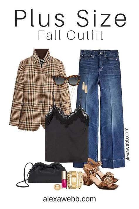 Plus Size Plaid Blazer Fall Outfits - Alexa Webb Blazer Wide Leg Jeans, Blazer Fall Outfits, Black Jeans Wide Leg, Black Jeans Wide, Plus Size Night Out, Plus Size Night Out Outfit, Plus Size Date Night, Wide Leg Outfit, Tory Burch Watch