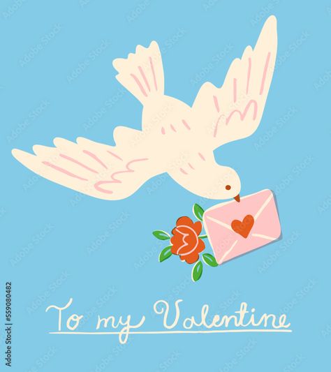 Drawing On Envelopes Ideas, Valentine Card Illustration, Valentines Day Designs Illustration, Love Bird Illustration, Bird Carrying Letter, Bird Illustration Cute, Dove Illustrations, Typography Zine, Love Letter Illustration