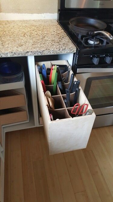 Kitchen drawer storage for the spatulas, ladles.  I still need to put the drawer front on Rolling Pin Drawer, Spatula Drawer, Organizing Kitchen Drawers, Berlingo Camper, Kitchen Drawer Storage, Kitchen Updates, Modular Kitchens, Diy House Renovations, Diy Kitchen Storage