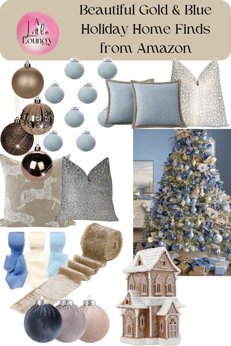 Shop Gold & Blue Christmas Tree and Decor Inspiration. Croker horse pillows, velvet ribbon, glass ornaments, ceramic gingerbread house, Christmas tree. Blue And Tan Christmas Decor, Navy And Blush Christmas Tree, Rustic Blue Christmas Decor, Blue Brown Christmas Tree, Dusty Blue Christmas Tree, Dark Blue Christmas Aesthetic, Gold Blue Christmas Tree, Trending Christmas Decor 2024, Light Blue Christmas Decor