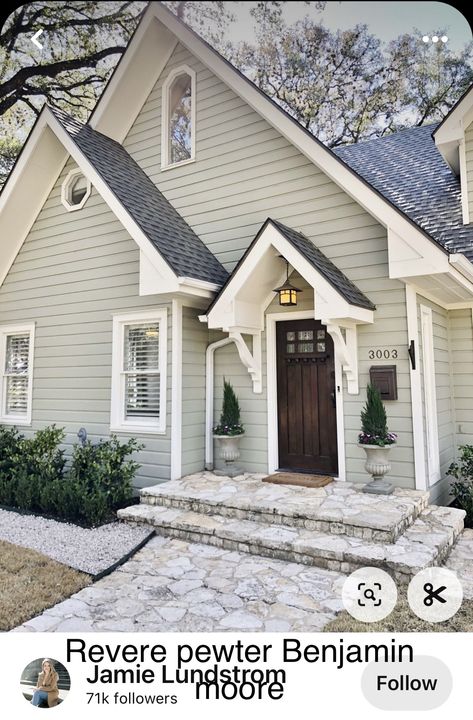 Updated Siding Exterior, Exterior House Inspiration, Sage Green Farmhouse Exterior, Siding House Exterior Colors, Cozy Exterior House, Tan House White Trim, Beige Home Exterior, Grey Exterior House Colors With Brick, Ranch Style Homes Exterior Colors