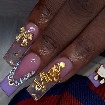 RANCHO CUCAMONGA CA ACRYLIC NAILS, TOES, & PRESS ONS on Instagram: "Virgo bby 💜 Message @nailedbypalma to book your hand & toe combos! @kawaiixnii zodiac charms discount code “PALMA” @dimenailsupply square tips discount code “PALMA10” • • • #baddienails #handandtoe #frenchtiptoes #acrylictoes #prettytoes #prettyfeetgang #virgonails #purplenails #goldnails #nailcharms #ienails #ienailtech #nailinspo #explorepage #hellokittynails #blingnails #ranchocucamonganails #fontananails #ontarionails # Virgo Acrylic Nails Designs, Birthday Nails Charms, Virgo Bday Nails, Virgo Nail Ideas, Virgo Inspired Nails, Libra Nails Acrylic, Leo Nails Zodiac, Virgo Nails Acrylic, Libra Nails Design