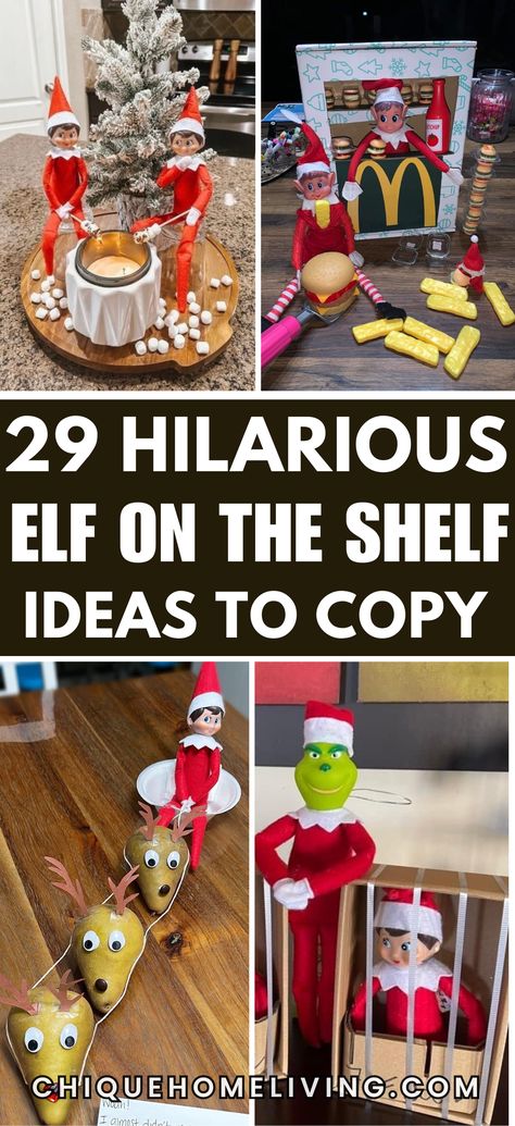 Bring laughs to your holiday season with these Funny Elf on the Shelf Ideas that kids (and adults) will love! From mini marshmallow hot tub parties and sneaky cookie heists to elf TP-ing the Christmas tree and leaving funny notes, these ideas are guaranteed to spark joy every morning. Try having your elf zip-line across the room with candy cane hooks or " Elf On The Shelf Ideas For Kids Not Behaving, Elf On The Shelf Ideas For Three Elfs, Elf On The Shelf Ideas With Snowballs, Elf On The Shelf Christmas Parade, St Nick And Elf On The Shelf, Elf Ideas Christmas Tree, I Like Big Buns Elf On The Shelf, Funny Elf On A Shelf Ideas For Kids, Elf On The Shelf Have Fun At School