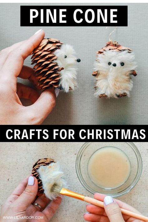 MAke easy PINE CONE ornaments following 4 easy steps! DIY super cute hedge hog! perfect for kids crafts! #kidscrafts #pineconediy #pineconeproject Hedgehog Pinecone Craft, Pinecone Hedgehog Craft, Christmas Pinecones Decorations, Pinecone Ornaments Diy, Diy Pinecone Ornaments, Christmas Ornaments For Kids To Make, Christmas Nature Crafts, Pine Cone Hedgehog, Pinecone Hedgehog