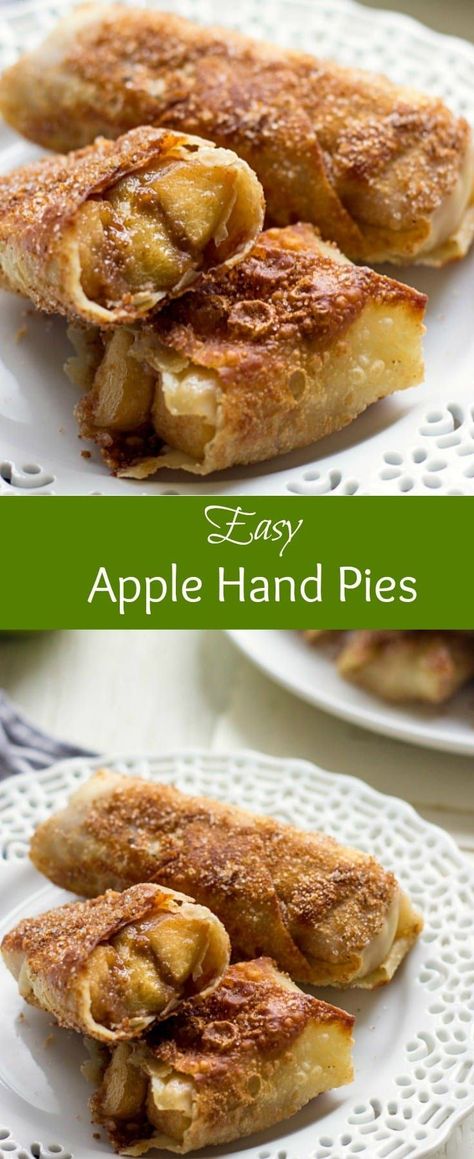 These delicious Apple Hand Pies are a quick and easy dessert idea for your sweet tooth. Granny Smith apples stuffed egg roll wrappers are seared till brown and crispy and finished with a generous sprinkle of cinnamon sugar. It's a simple no bake fall recipe which is also great for breakfast or brunch. #lavenderandmacarons #breakfast #apples #brunch Green Apple Tart, Green Apple Dessert Recipes, Green Apples Dessert, Granny Smith Apples Recipes, Green Apple Recipes, Apple Pie Egg Rolls, Decadent Recipes, Breakfast Brunch Menu, Lavender Macarons