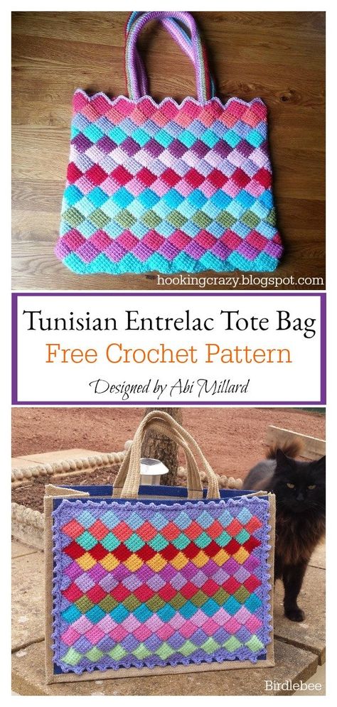 Tunisian Entrelac Tote Bag Free Crochet Pattern Teddy Bear Clothes Patterns, Entrelac Crochet, Backpack Crochet, Bag Free Crochet Pattern, Vintage Crochet Dresses, Knit Bags, Crochet Tunisian, Bear Clothes, Crocheted Bags