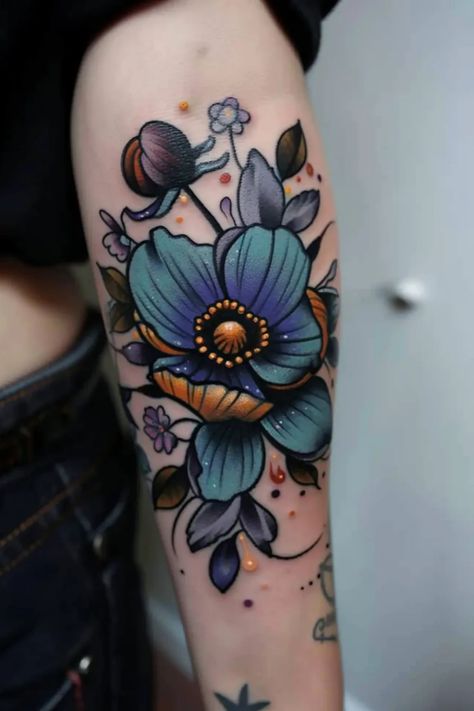 Discover beautiful October Birth Flower tattoo ideas for women! Whether you're into traditional or neo-traditional designs, consider Marigold and Cosmos themes for your next tattoo. From intricate sleeve designs to small, colorful creations for your thigh or arm, the options are endless. Let these blooming birth flowers inspire your next piece of body art! Neo Flower Tattoo, Full Thigh Sleeve Tattoo Women, Scandinavian Flower Tattoo, Colour Flower Tattoo, Neo Traditional Flowers, Birth Flower Tattoo Designs, Blue Flower Tattoo, Traditional Thigh Tattoo, Thigh Sleeve Tattoo