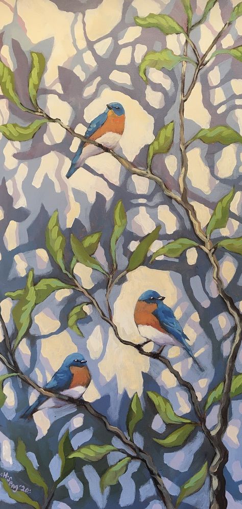 Large Canvas Bird Painting, 3 Birds Painting, Large Mural Painting, Acrylic Artists Artworks, Bird Art Acrylic, Bluebird Painting Acrylic, Painting Ideas On Canvas Birds, Original Acrylic Paintings, Acrylic Painting Illustration