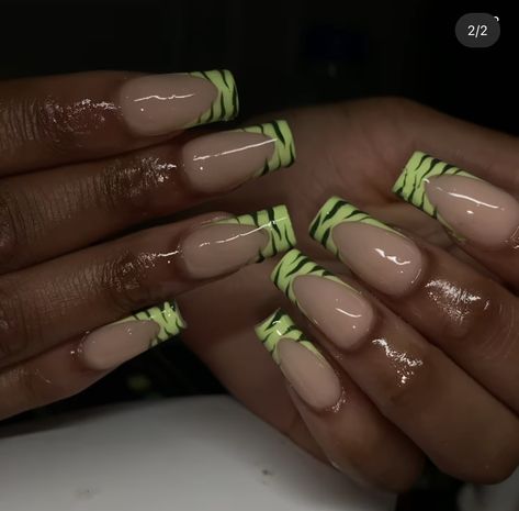 Zebra Print French Tip Nails, Green Zebra Print Nails, Zebra Nails Acrylic French Tip, Tiger Stripe French Tip Nails, Tiger Stripe Nails, Lime Green Zebra Nails, Zebra Print Nails, Green Zebra, Striped Nails