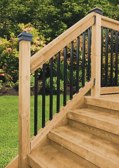 Veranda Deck Stair Railing Kits - Rectangular Balusters Wood Railings For Stairs Outdoor, Front Deck Ideas Entrance Porch Designs, Small Deck Designs, Porch Step Railing, Horizontal Deck Railing, Veranda Railing, Deck Rails, Deck Stair Railing, Stair Railing Kits