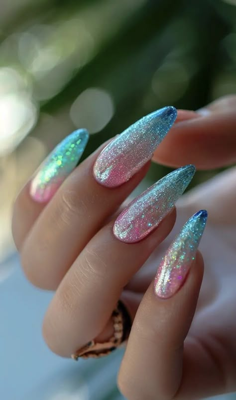 Pretty Nails Ballerina, New Nail Ideas 2024, Blue Birthday Nail Designs, Nails 2024 Design, Nails Designs 2024, Blue And Green Ombre Nails, Turquoise Ombre Nails, Irredecent Nail Designs, Teal Nails Ideas