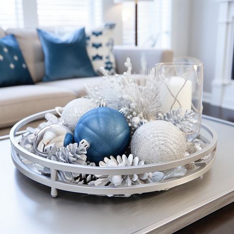 25 Best Blue And Silver Christmas Decor Ideas Blue And Silver Christmas Decor, Blue And Silver Christmas Decorations, Decoration For Coffee Table, Winter Coffee Table Decor, Blue Christmas Theme, Grey Christmas Decor, Silver Holiday Decor, Blue Christmas Decorations, Silver Christmas Decor