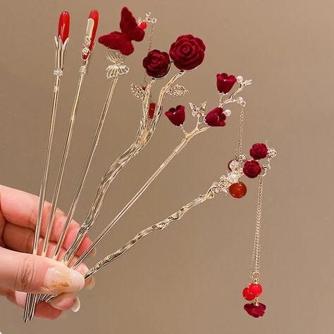 Retro Rose Hairpin For Women Chinese Style Tassel Hair Stick Pins Hair Clips Flower Handmade Hairpins Valentine's Day Headwear - AliExpress Chinese Hair Clip, Chinese Hair Pins, Chinese Hair Pin, Rose Hairpin, Hair Pin Stick, Hair Clips Aesthetic, Character Jewelry, Hair Clips Flower, Ancient Asia