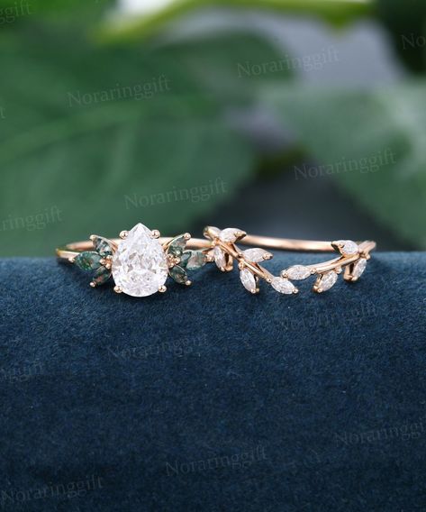 "Pear Lab Diamond Engagement ring set Vintage rose gold moss agate ring leaf Branch Marquise Moissanite wedding ring set Anniversary gift -----Ring Information----- Engagement ring +Center stone: 6*8mm Lab Diamond (Color: DEF, Clarity: VS) +Cut type: Pear shaped +Side Stone: Moss agate Approx weight: 0.3ctw Wedding band  +Stones: Natural Diamonds or Moissanite Approx weight: 0.31ctw Metal : Solid 14k/18k yellow gold white gold or rose gold, other metal or gemstones, please contact me! Click on t Marquise Cut Wedding Rings, Opal Engagement Ring Set, Moonstone Engagement Ring Set, Morganite Engagement Ring Set, Moissanite Wedding Ring Set, Leaf Engagement Ring, Vintage Rose Gold, Lab Diamond Engagement Ring, Moonstone Engagement